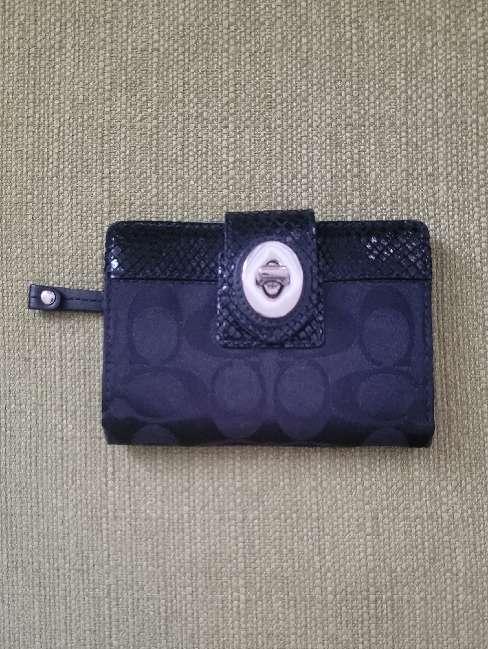 Coach Black Signature Snakeskin Turnlock Compact Wallet